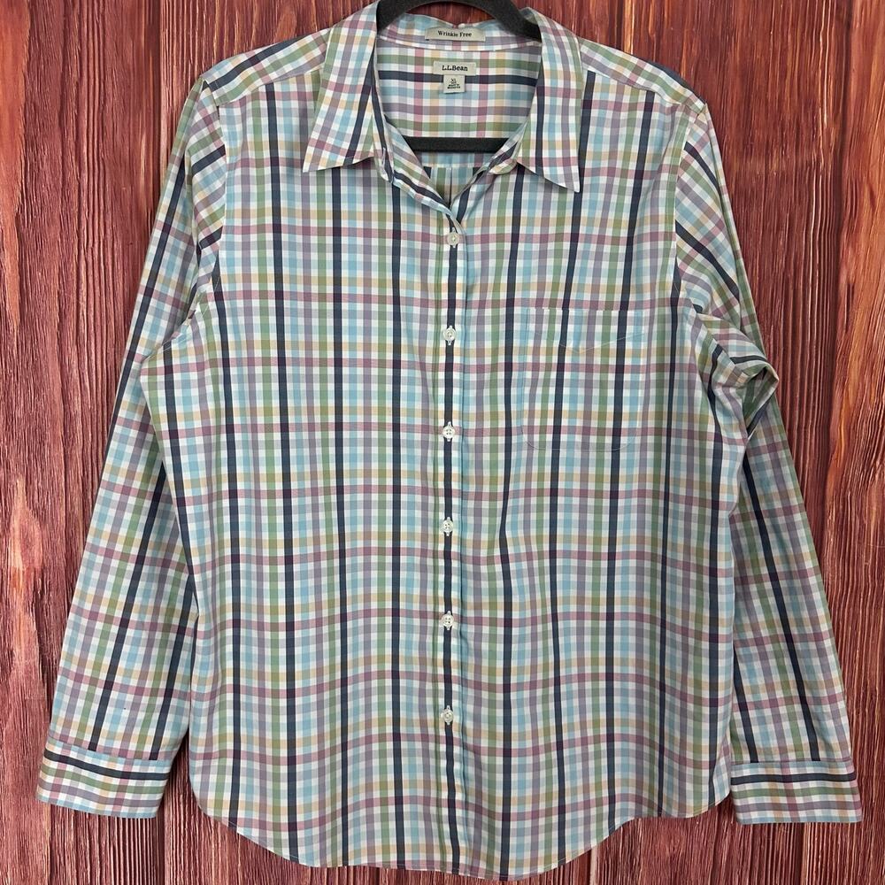 LL Bean Wrinkle Free Plaid Button Down Shirt Women XL Pink Blue White Cotton